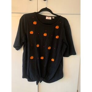 Quacker Factory Womens Top Medium Black Pumpkin Embroidered Tie Bottom Fall‎